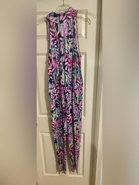 Lilly Pulitzer Navy Jumpsuit with Pink & Aqua Leaf Print